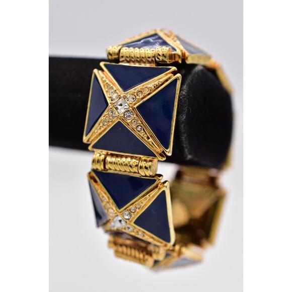 Hutton Wilkinson Vintage Bracelet Blue Enamel Bracelet Gold Crystal Signed BinO - Picture 4 of 12